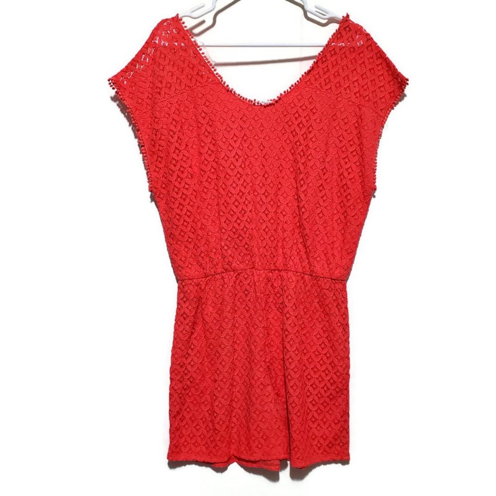 NWOT - OSO Casual Knit Eyelet Tie-Neck Short Sleeve Romper Short in Red, Size M